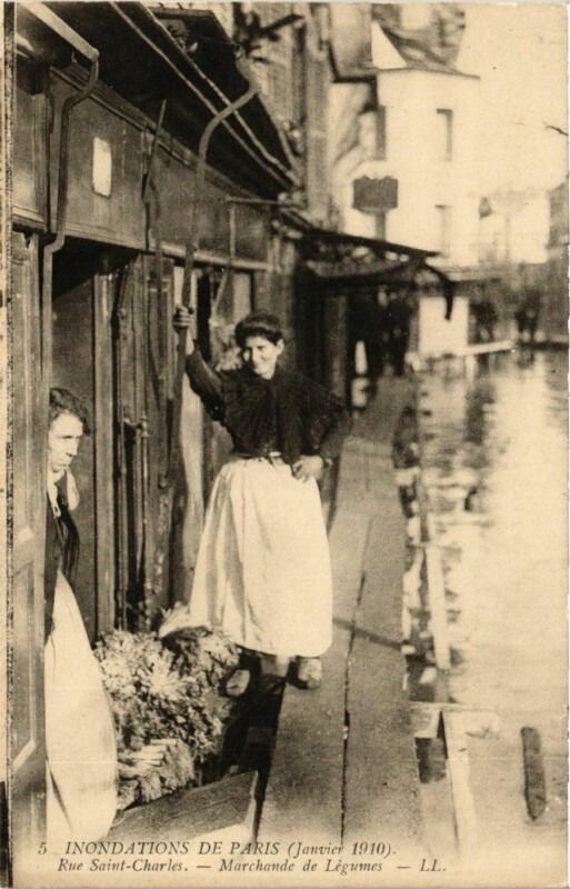 Carte postale ancienne Inondations de Paris (Janvier 1910) - Rue Saint-Charles - Marchande de Légumes à Paris 15e