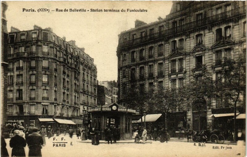 Carte postale ancienne Rue de Belleville - Station terminus du Funiculaire à Paris 20e