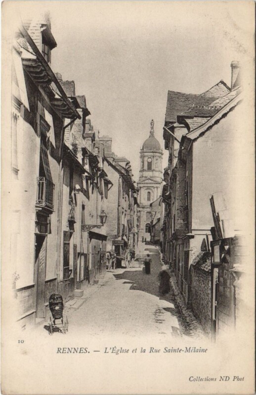 Carte postale ancienne Rennes Eglise et la Rue de Sainte-Melaine à Rennes