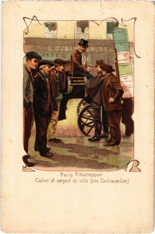 Carte postale ancienne Paris Petits Metiers Cocher et sergent de ville une Contravention