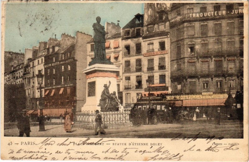 Carte postale ancienne Paris 5e Statue d'Etienne Dolet Place maubert à Paris 5e