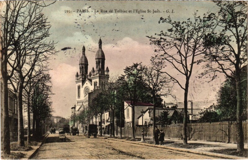 Carte postale ancienne La Rue de Tolbiac et l'Eglise Saint-Jean à Paris 13e
