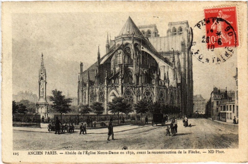 Carte postale ancienne Abside de l'Eglise Notre-Dame en 1850, avant la reconstruction de la Flèche à Paris 4e