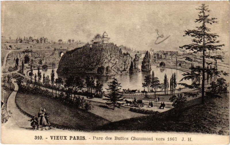 Carte postale ancienne Parc des Buttes Chaumont vers 1867 à Paris 19e