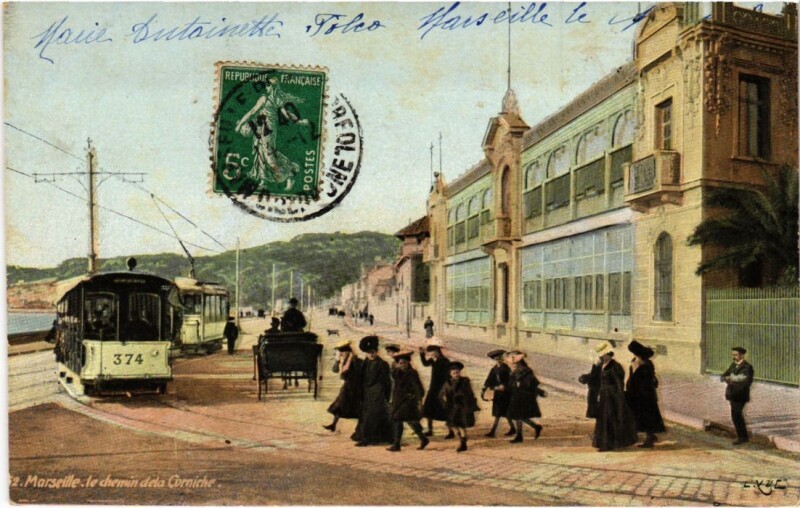 Carte postale ancienne Marseille Le Chemin de la Corniche - Tram à Marseille