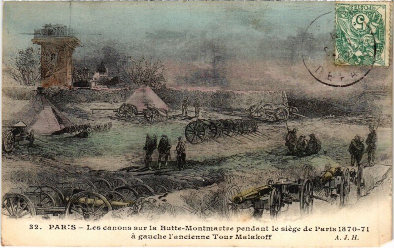 Carte postale ancienne Les canons sur la Butte-Montmartre pendant le siège de Paris 1870-71 - ancienne Tour Malakoff à Paris 18e
