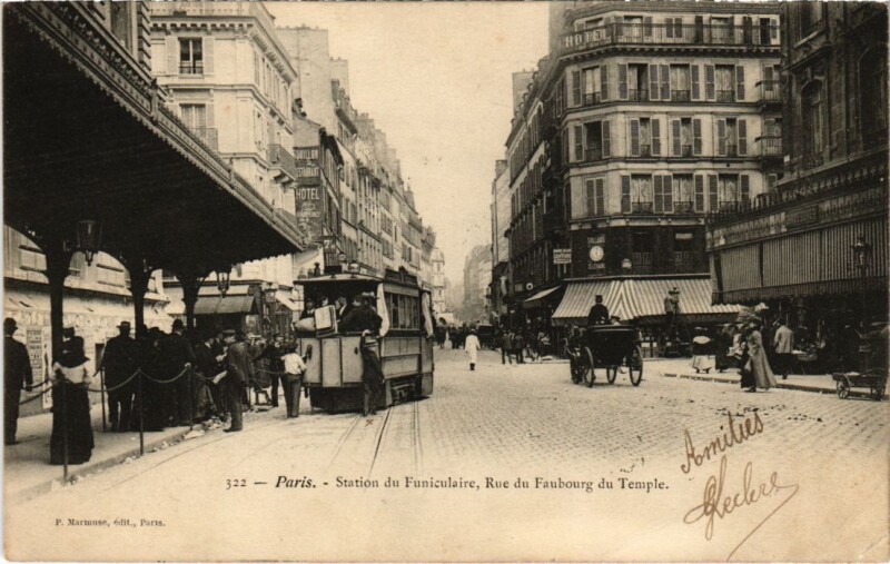 Carte postale ancienne Paris 10e Station du Funiculaire Rue du Faug du Temple P. Marmuse à Paris 10e