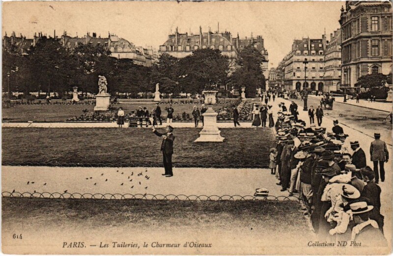 Carte postale ancienne Les Tuileries, le Charmeur d'Oiseaux à Paris 1er