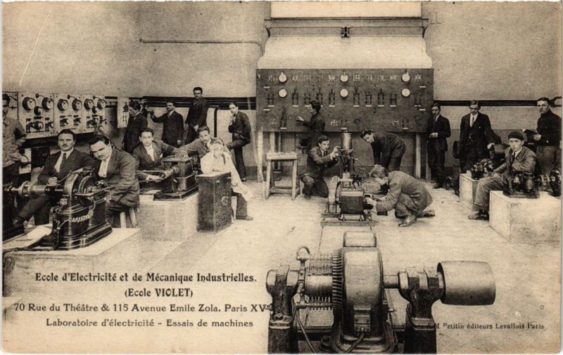 Carte postale ancienne Ecole d'Electricité et de Mécanique Industrielles (Ecole Violet) - Rue du Théâtre & Avenue Emile Zola - Laboratoire d'électricité - Essais de machines à Paris 15e