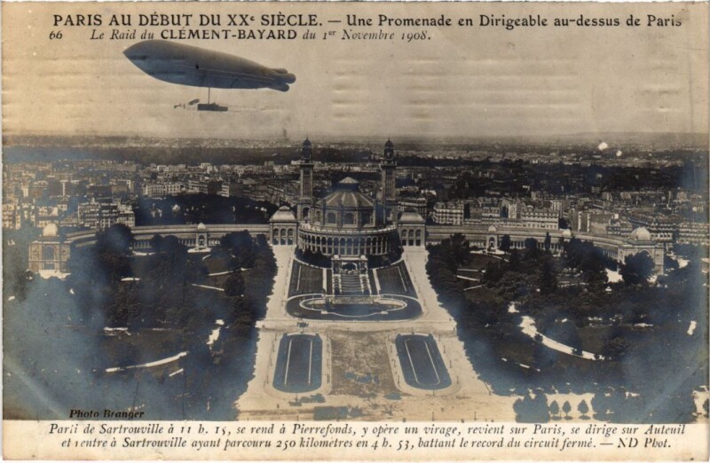 Carte postale ancienne Une Promenade en Dirigeable au-dessus de Paris - Le Raid du Clément-Bayard du 1er Novembre 1908 à Paris 7e