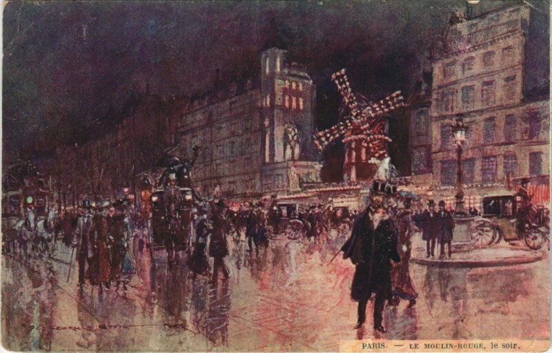 Carte postale ancienne Le Moulin-Rouge, le soir à Paris 9e