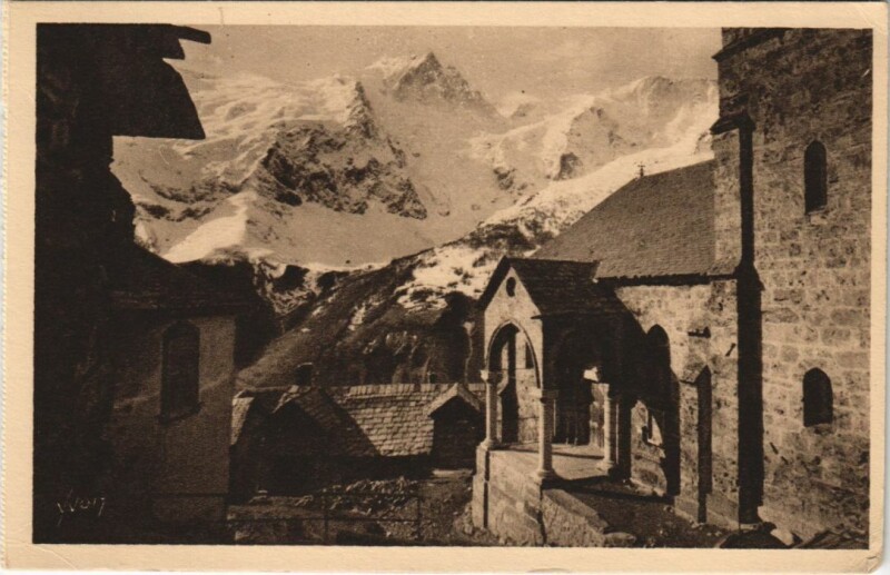 Carte postale ancienne La Grave La Meije - Vues des Terrasses - Eglise Romane à La Grave