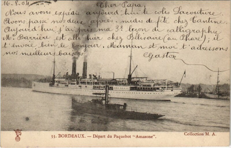 Carte postale ancienne Bordeaux - Depart du Paquebot Amazone Ships