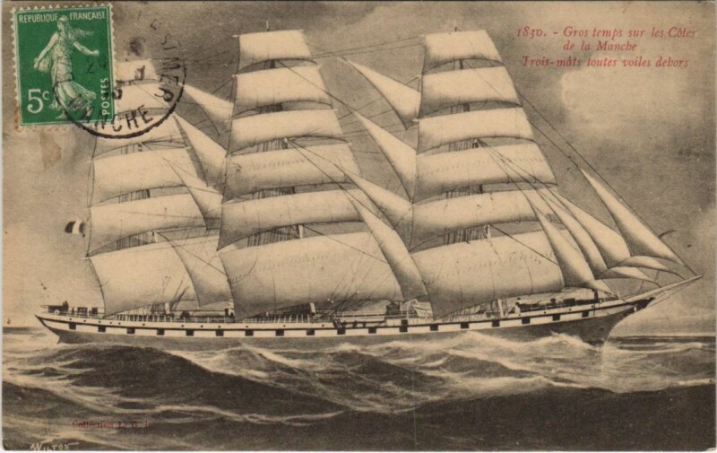 Carte postale ancienne Trois-Mats Toutes Voiles Dehors - Sailing Vessel Ships