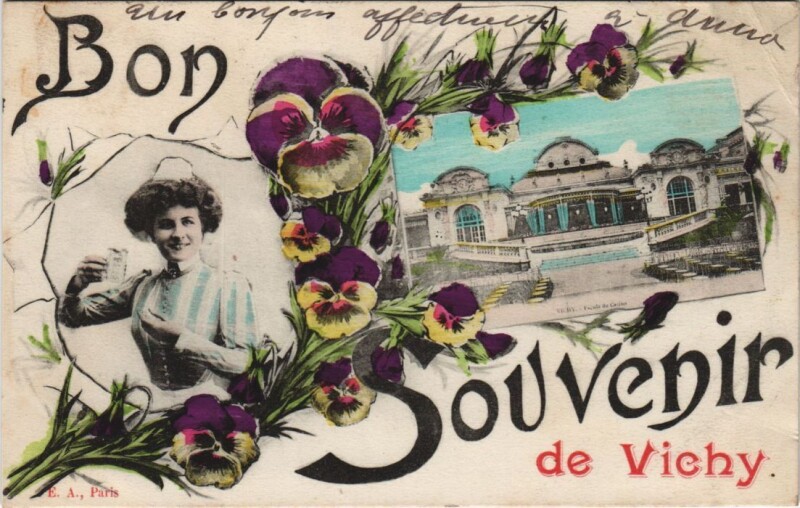 Carte postale ancienne Vichy Bon Souvenir de Vichy - Facade du Casino - Femme à Vichy