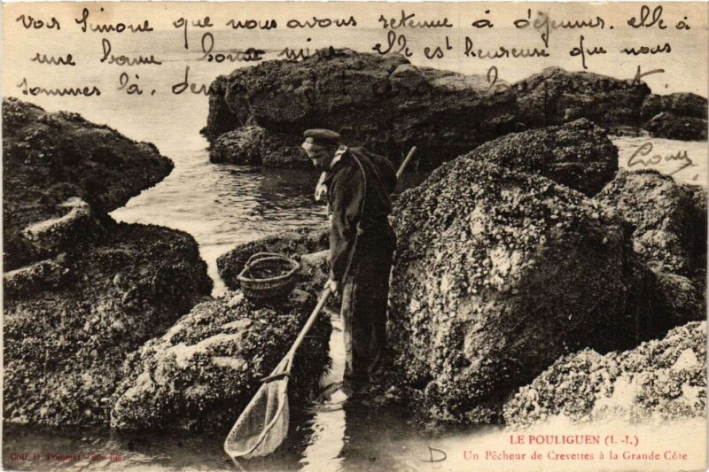 Carte postale ancienne Le Pouliguen - Un Pecheur de Crevettes a la Grande Cote au Pouliguen