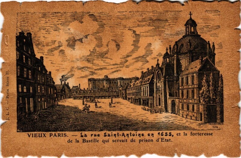Carte postale ancienne La rue Saint-Antoine en 1655, et la forteresse de la Bastille qui servait de prison d'Etat à Paris 4e
