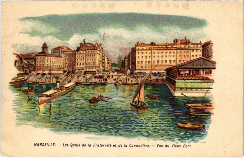 Carte postale ancienne Marseille Les Quais de la Fraternite et de la Cannebiere - Litho à Marseille