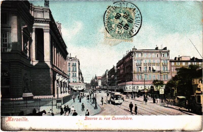 Carte postale ancienne Marseille Bourse u. Rue Cannebiere à Marseille