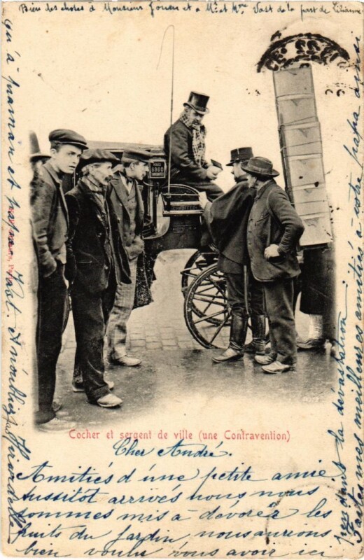 Carte postale ancienne Paris Petits Metiers Cocher et sergent de ville une Contravention