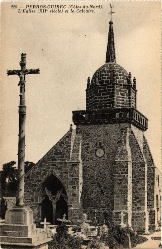 Carte postale ancienne Perros-Guirec L'Eglise et le Calvaire à Perros-Guirec