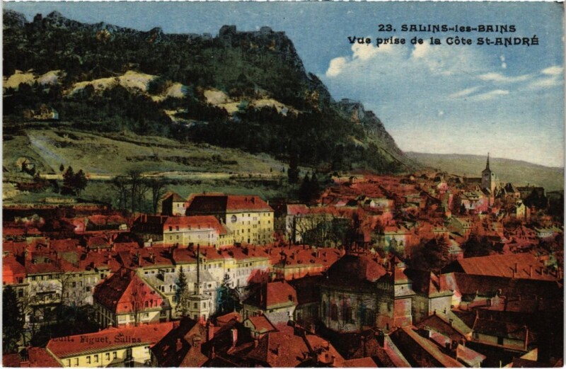 Carte postale ancienne Salins les Bains vue prise de la Cote Saint-Andre à Salins-les-Bains