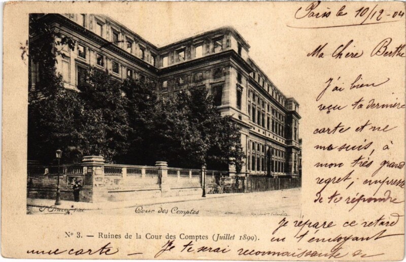 Carte postale ancienne Paris 7e Cour des Comptes Ruines en 1899 à Paris 7e