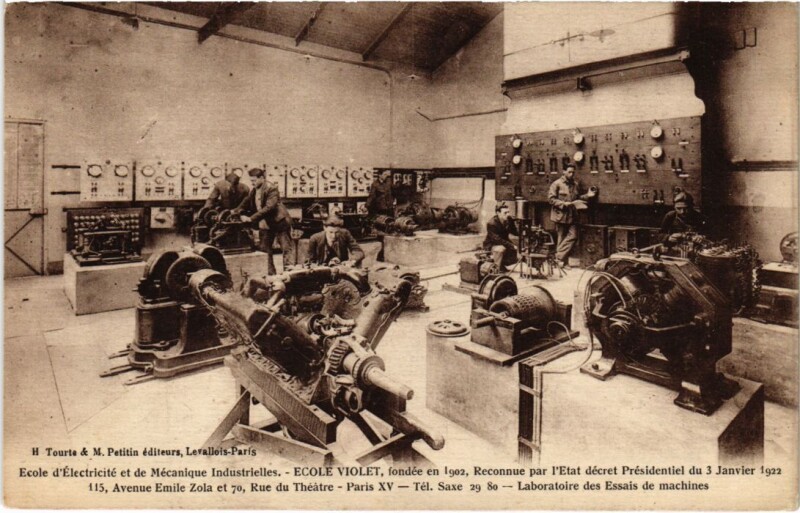Carte postale ancienne Ecole d'Electricité et de Mécaniques Industrielles - Ecole Violet - Avenue Emile Zola et Rue du Théâtre - Laboratoire des Essai de machines à Paris 15e