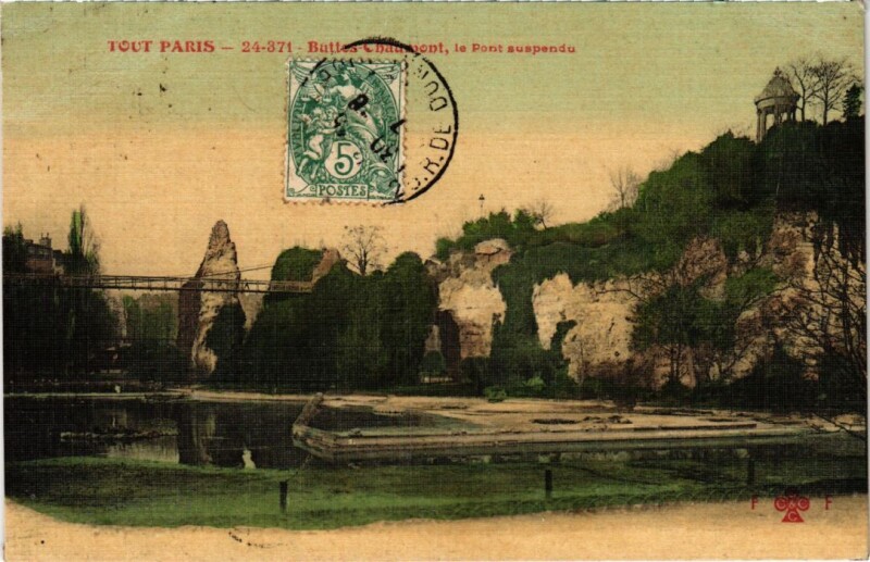 Carte postale ancienne Buttes Chaumont - le Pont suspendu à Paris 19e