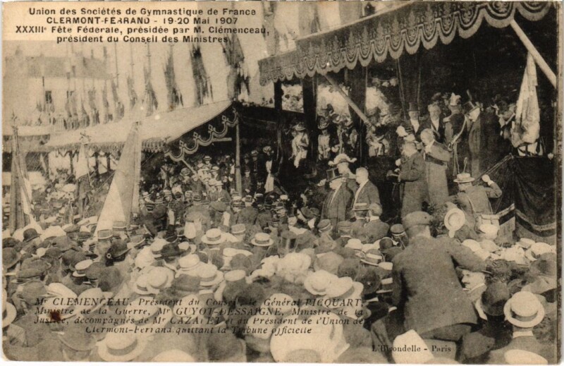 Carte postale ancienne Union des Soc de Gymnastique Clermont-Ferrand 1907 Clemenceau à Clermont-Ferrand
