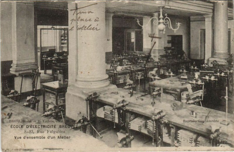 Carte postale ancienne Ecole d'Electricité Bréguet - Rue Falguière - Vue d'ensemble d'un Atelier à Paris 15e