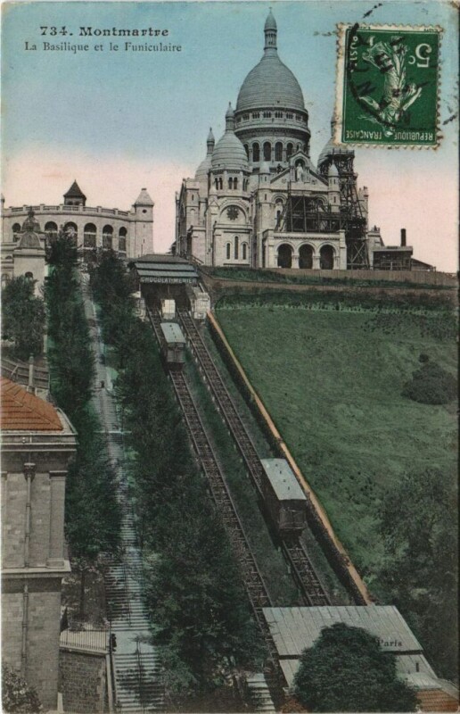 Carte postale ancienne Montmartre - La Basilique et le Funiculaire à Paris 18e