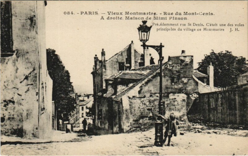 Carte postale ancienne Vieux-Montmartre - Rue du Mont-Cenis - à droite maison de Mimi Pinson à Paris 18e
