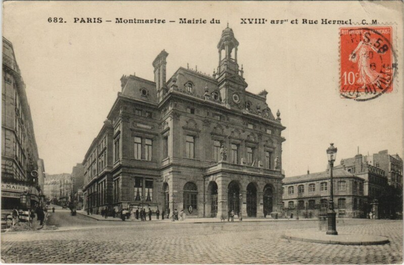 Carte postale ancienne Montmartre - Mairie du XVIIIe arrondissement et Rue Hermel à Paris 18e