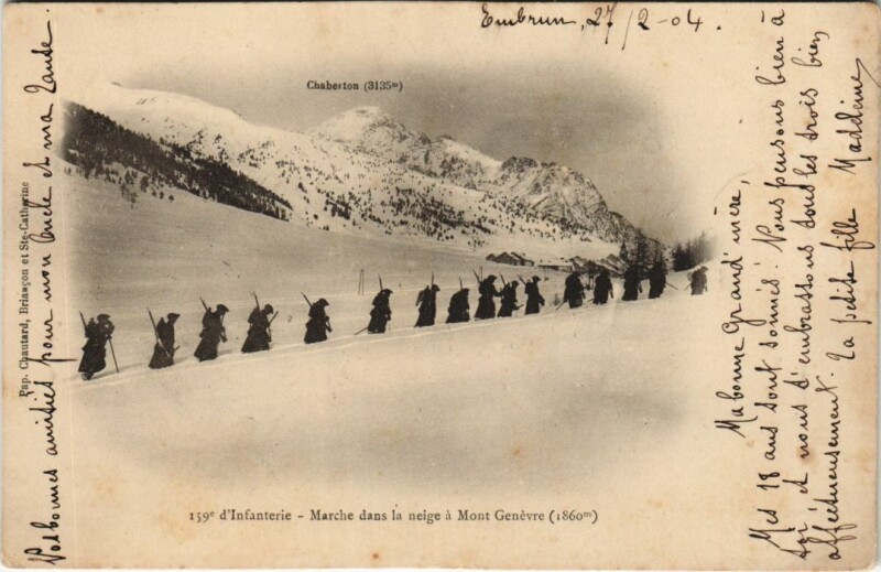 Carte postale ancienne 159. d'Infanterie - Marche dans la Neige a Mont Genevre