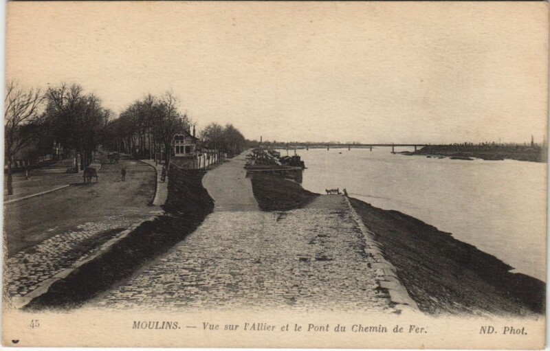 Carte postale ancienne Moulins Vue sur l'Allier et le Pont du Chemin de Fer à Moulins