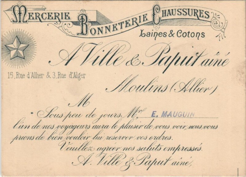 Carte postale ancienne Moulins Mercerie Bonneterie Chaussures - Advertising Card à Moulins