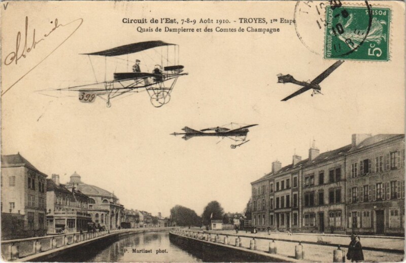 Carte postale ancienne Troyes Circuit de l'Est Aviation 1910 Quai de Dampierre à Dampierre
