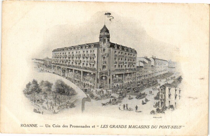 Carte postale ancienne Roanne - Un Coin des Promenades et Les Grands Magasins du Pont-.. à Roanne