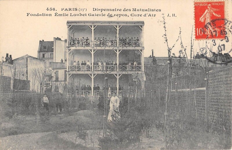 Carte postale ancienne Dispensaire des Mutualistes - Fondation Emile Loubet - Galerie de repos, Cure d'Air à Paris 13e