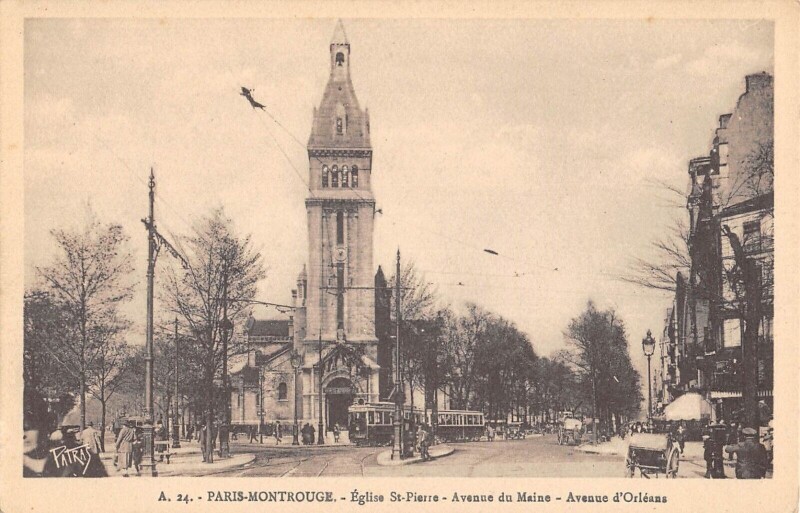 Carte postale ancienne Paris - Paris 13e - Montrouge Eglise Saint-Pierre Avenue Du Maine Av.D'Orlea à Paris 13e