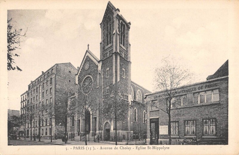 Carte postale ancienne Avenue de Choisy - Eglise Saint-Hippolyte à Paris 13e