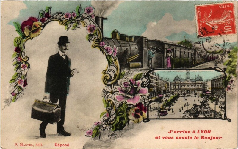 Carte postale ancienne J'Arrive a Lyon et vous envoie le Bonjour