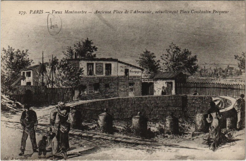 Carte postale ancienne Vieux Montmartre - Ancienne Place de l'Abreuvoir, actuellement Place Constantin-Pecqueur à Paris 18e