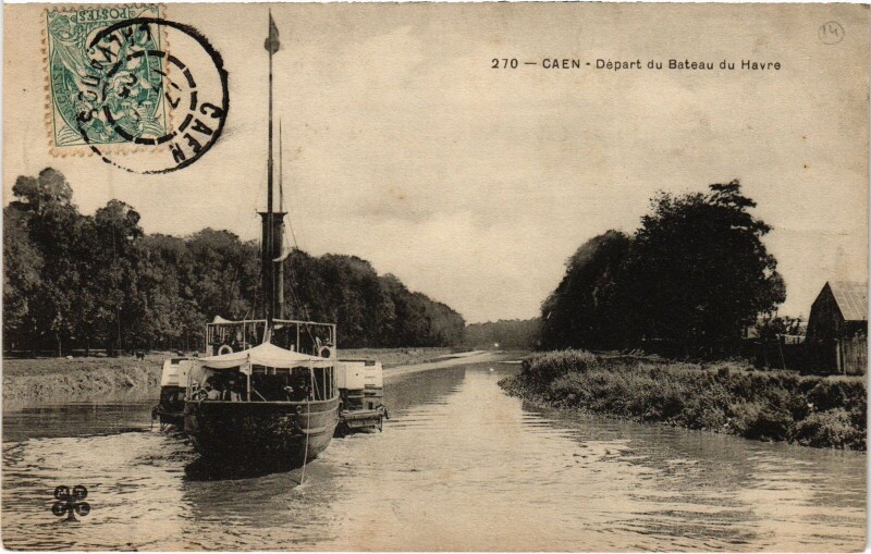 Carte postale ancienne Caen Depart du Bateau du Havre