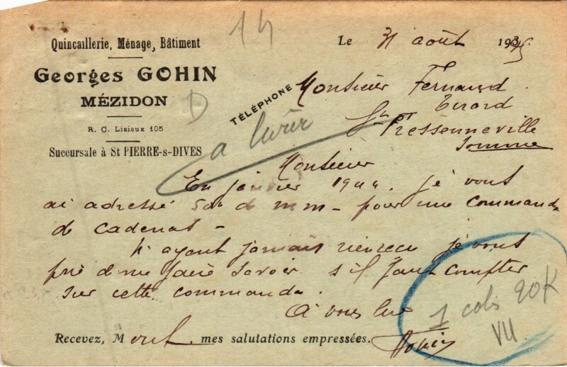 Carte postale ancienne Mezidon Georges Gohin - Quincaillerie - Menage - Batiment