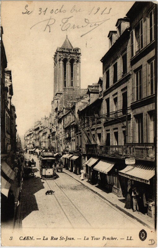 Carte postale ancienne Caen La Rue Saint-Jean - La Tour Penchee