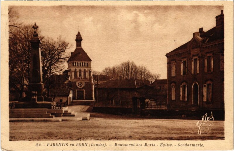 Carte postale ancienne Parentis en Born Mon.des Morts, Eglise Gendarmerie France à Parentis-en-Born