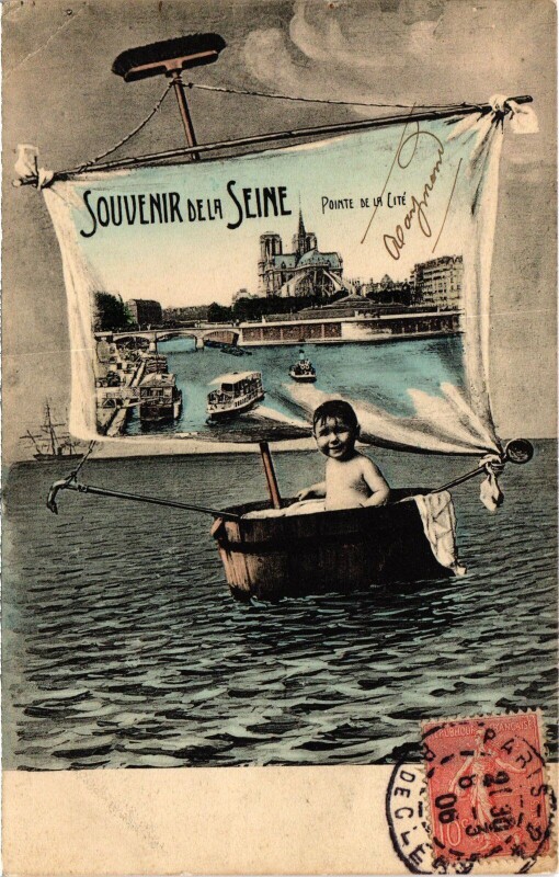 Carte postale ancienne Paris Souvenir de la Sine Pointe de la Cite bebe dans un bateau