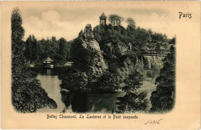 Carte postale ancienne Buttes Chaumont, La Lanterne et le Pont suspendu à Paris 19e